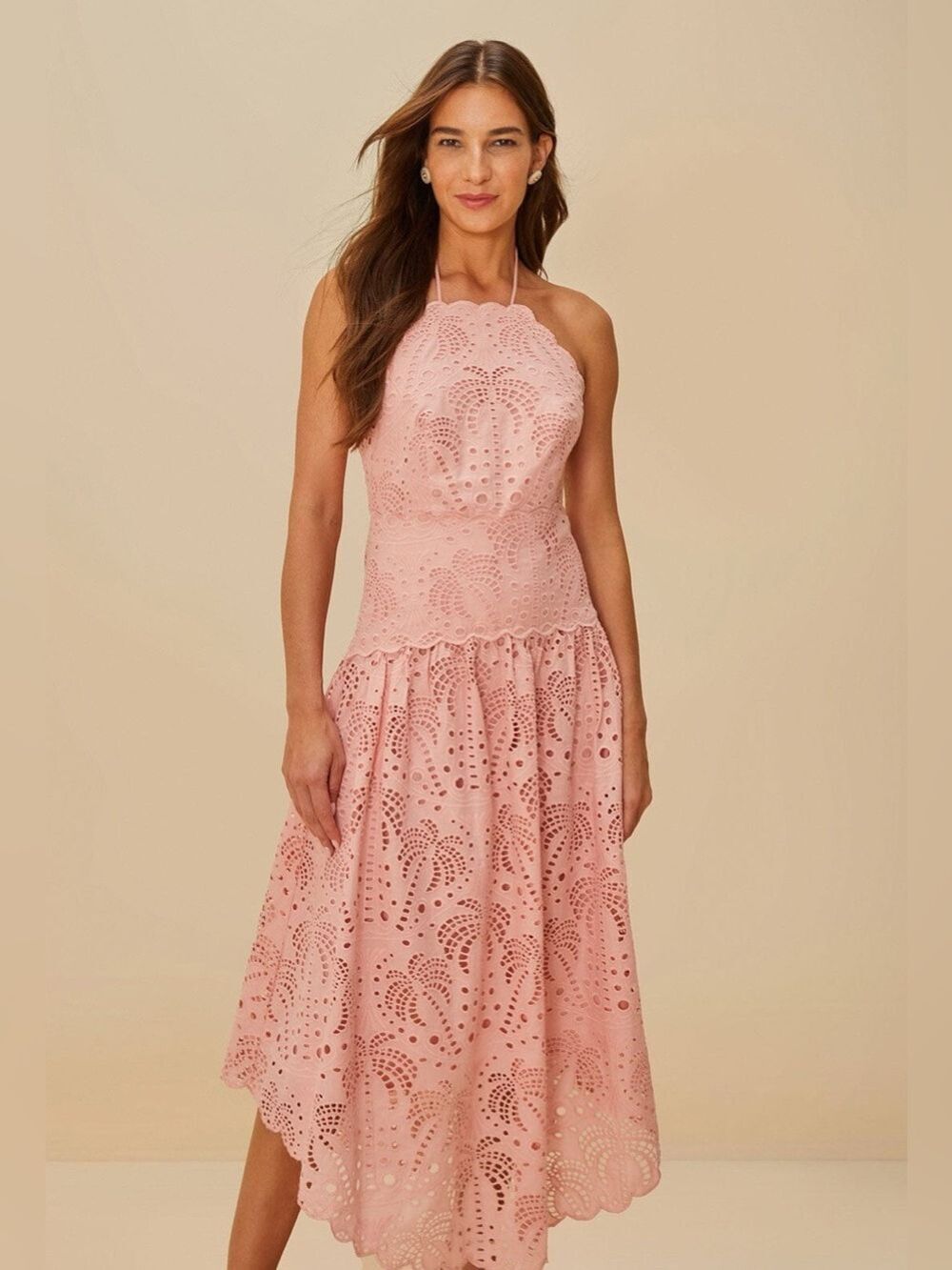 Farm Rio Blush Pink Palm Tree Eyelet Midi Dress